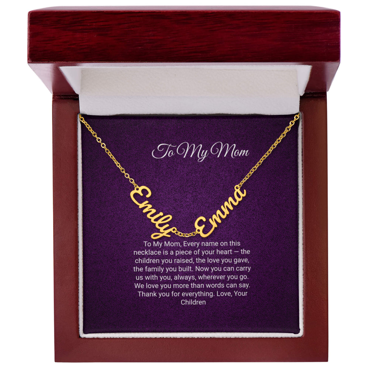 To My Mom Multiple Name Necklace – Personalized 2 or 3 Name Charms in Cursive, Stainless Steel or 18K Gold Finish, Christmas Gift for Mom & Grandma