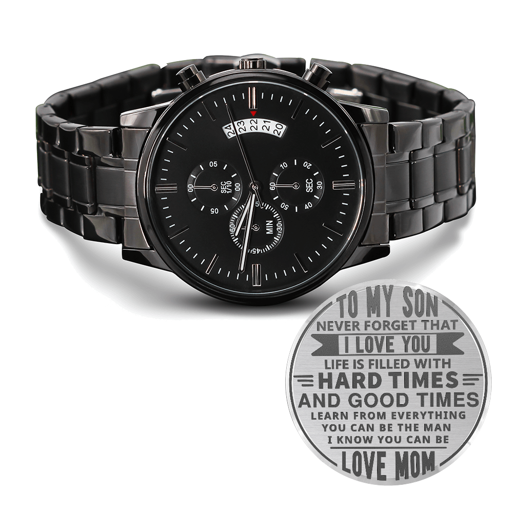To My Son – Engraved Black Chronograph Watch | Meaningful Gift from Mom