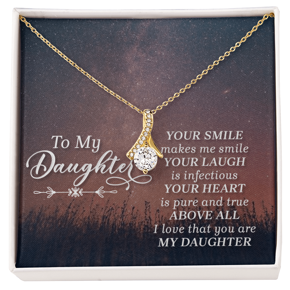 Alluring Beauty necklace for a daughter with a message card that reads "Your Smile Makes Me Smile" against a starry sky background