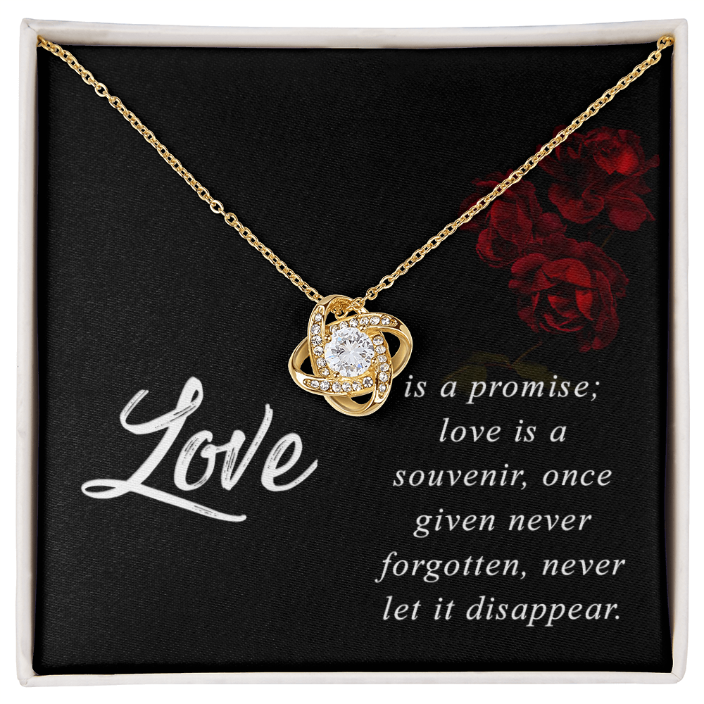 Love Knot necklace with a romantic "Love is a promise" message card inside a black gift box with red rose