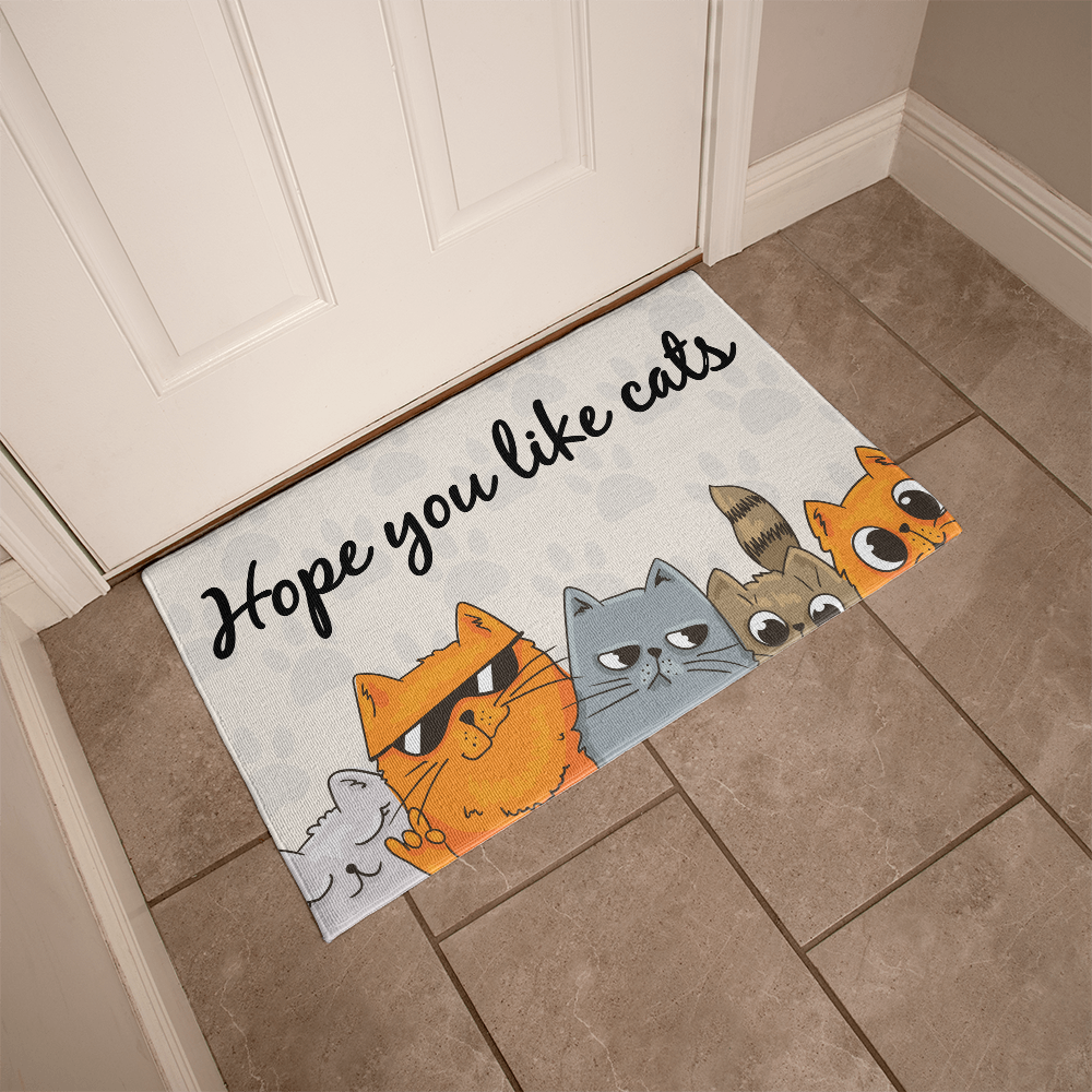 Funny Cat Welcome Mat – “Hope You Like Cats” Doormat