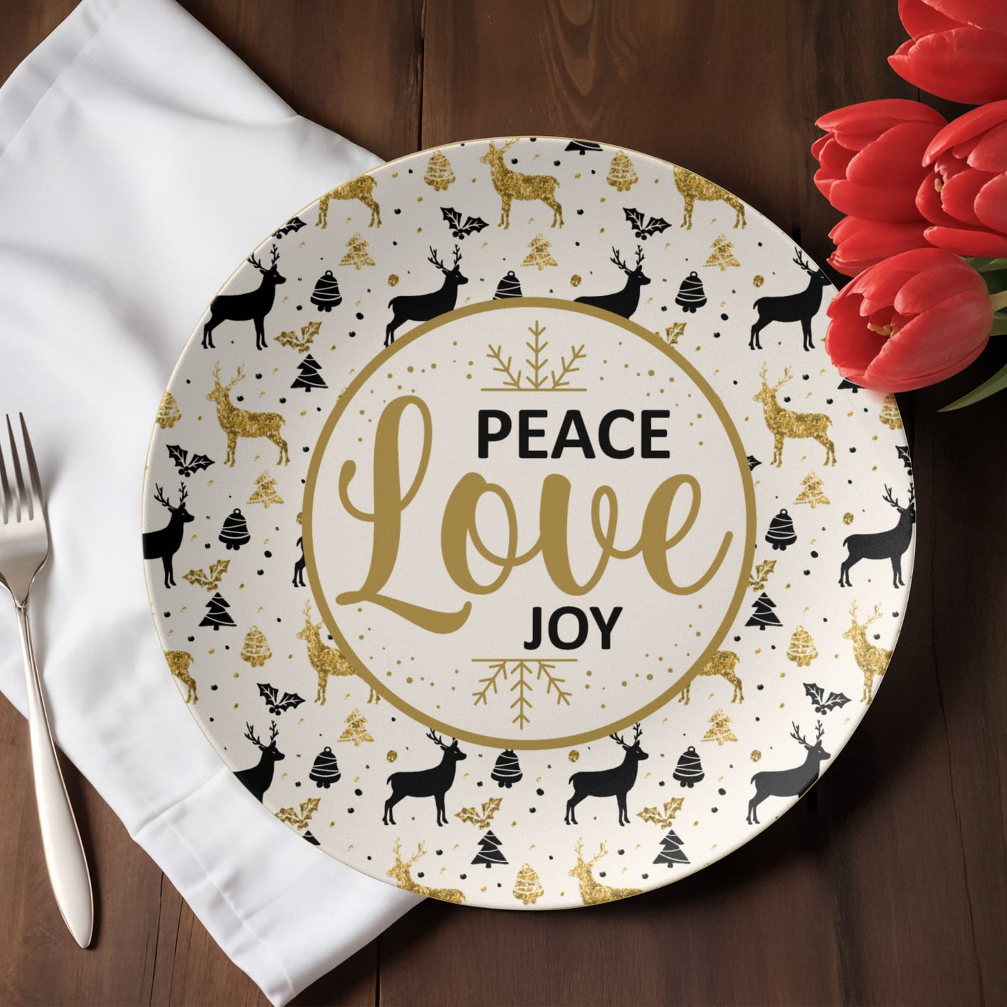 Peace Love Joy Christmas Plate – Elegant Holiday Décor with Gold Reindeer Design