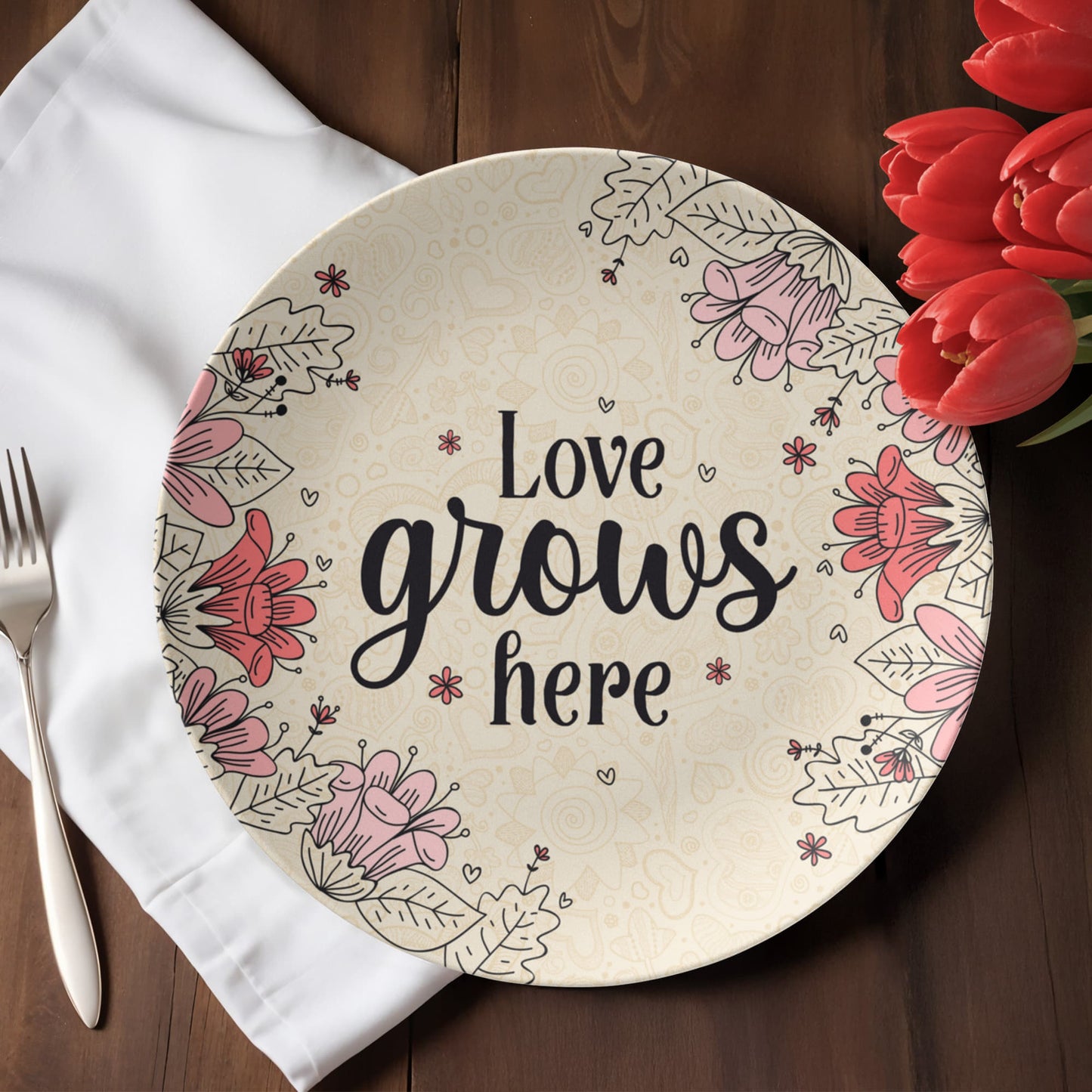 Love Grows Here floral decorative plate with pink flowers