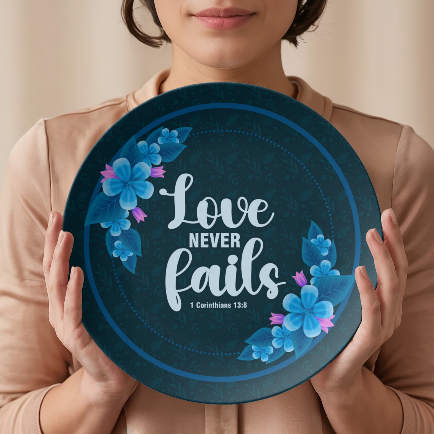 Love Never Fails decorative plate with blue floral Christian desig