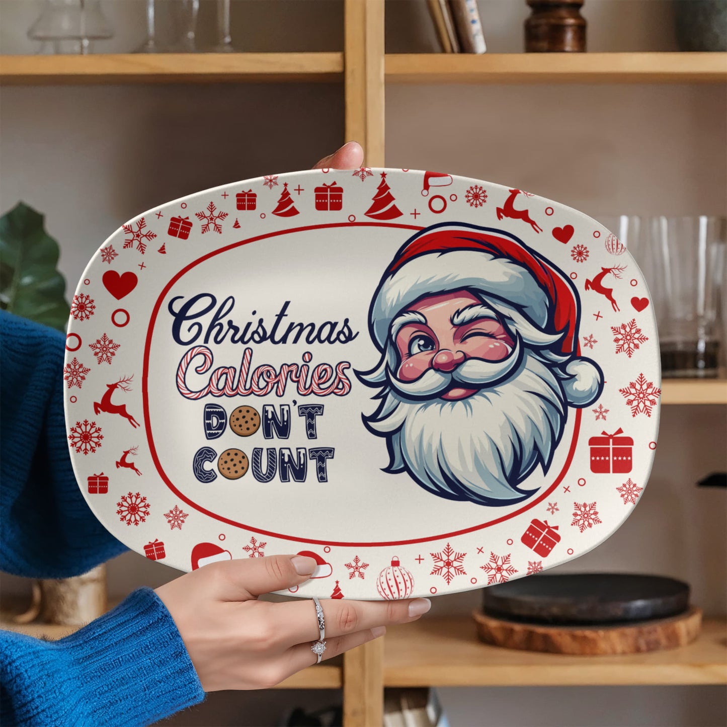 Christmas Calories Don’t Count Platter – Funny Holiday Serving Tray with Santa Design