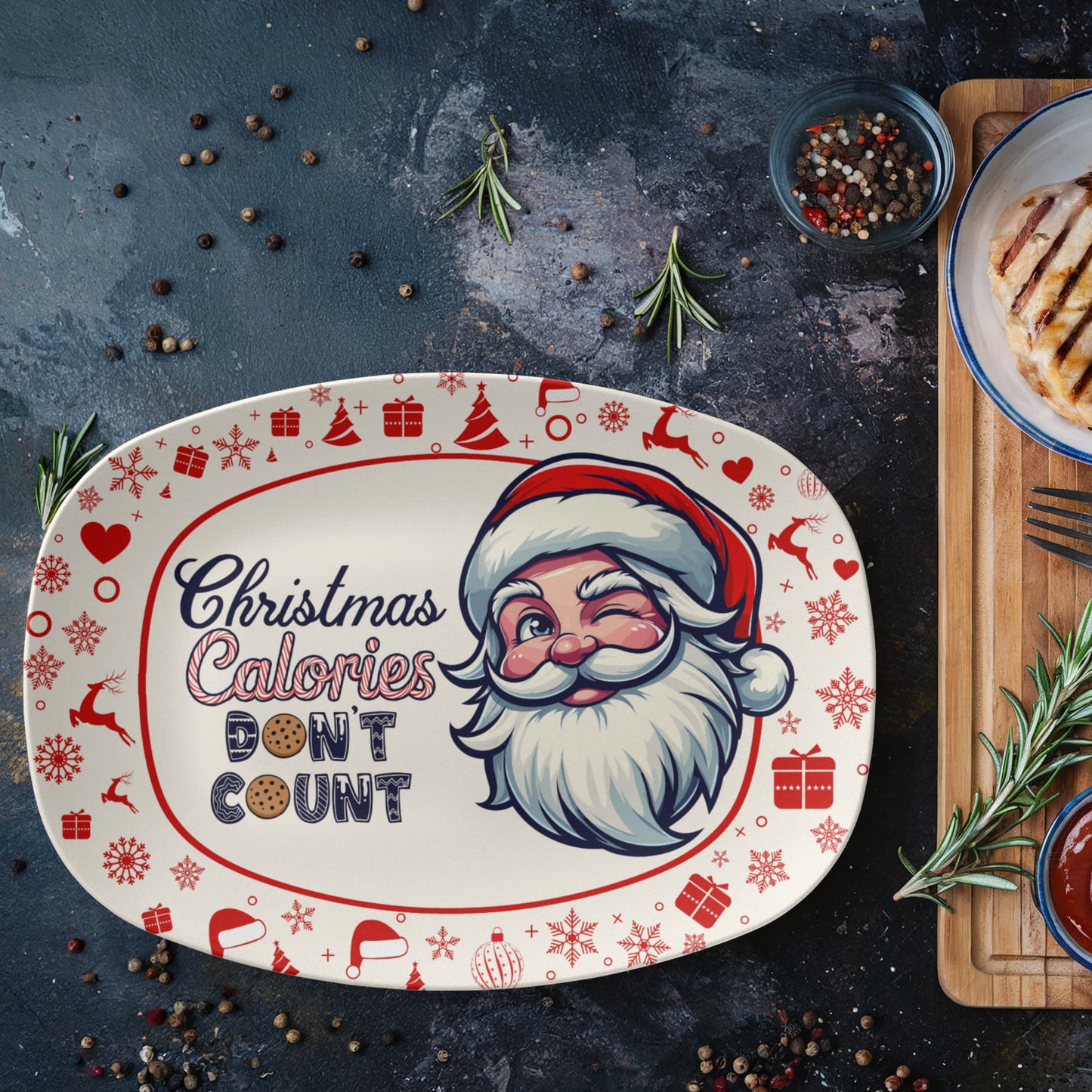 Christmas Calories Don’t Count Platter – Funny Holiday Serving Tray with Santa Design
