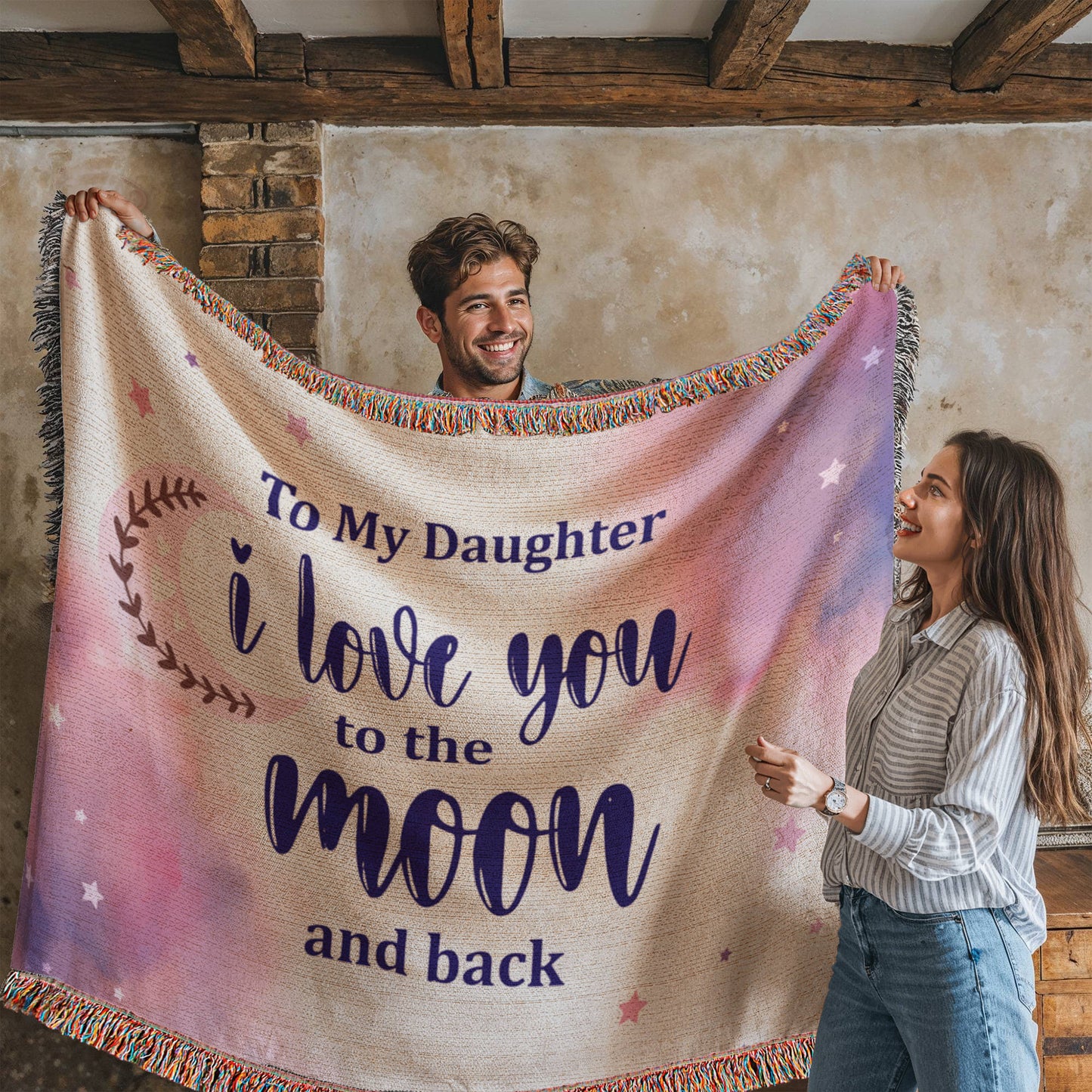 To My Dearest Daughter "I Love You To The Moon and Back" Woven Throw Blanket