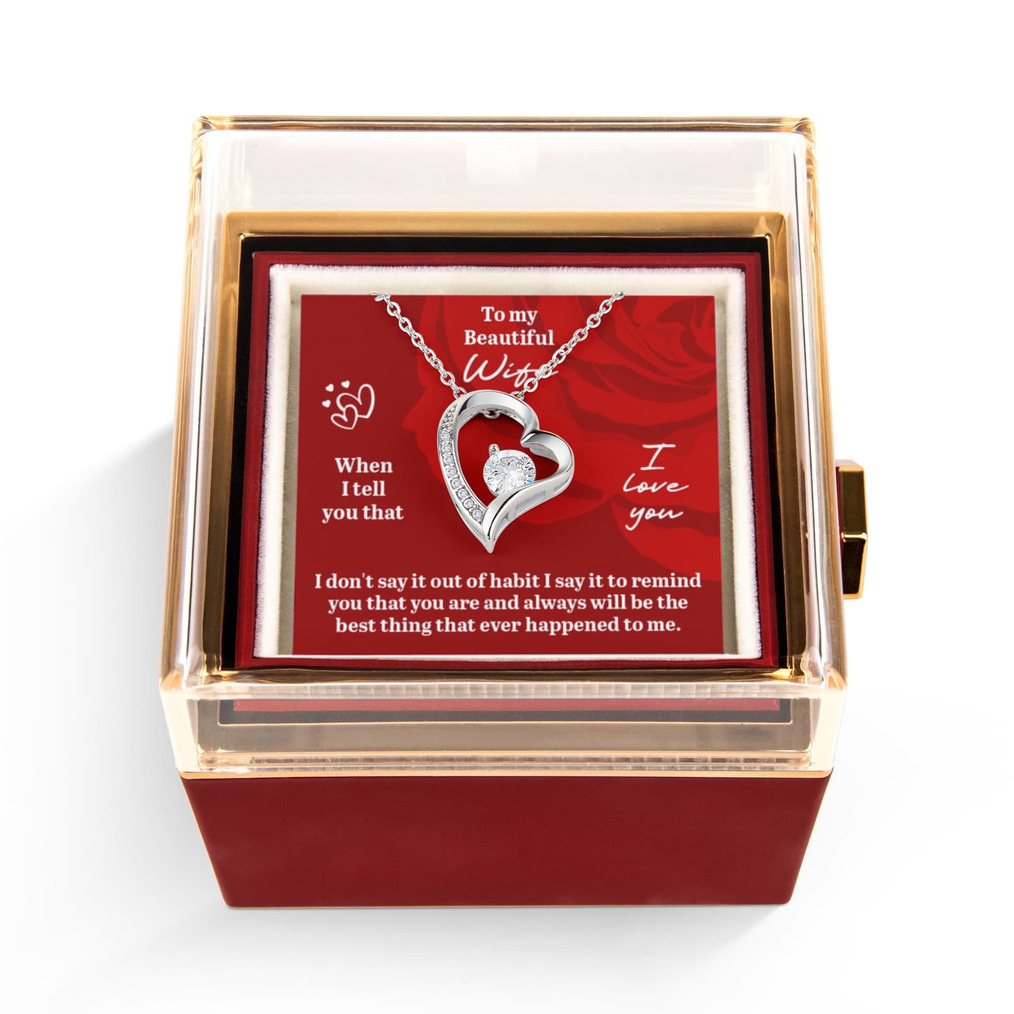 Heart Necklace in Rotating Rose Box for Wife with Message Card & Luxury Gift Box