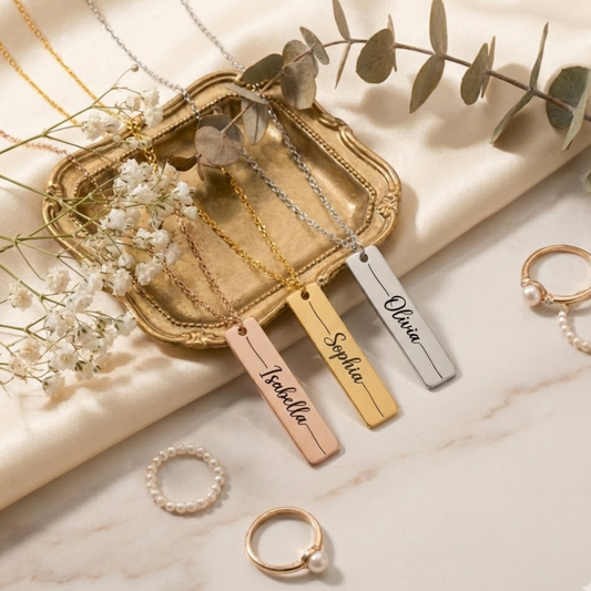Personalized name necklace with custom engraved vertical bar pendant in gold, silver, and rose gold – Valentine’s and Galentine’s Day gift