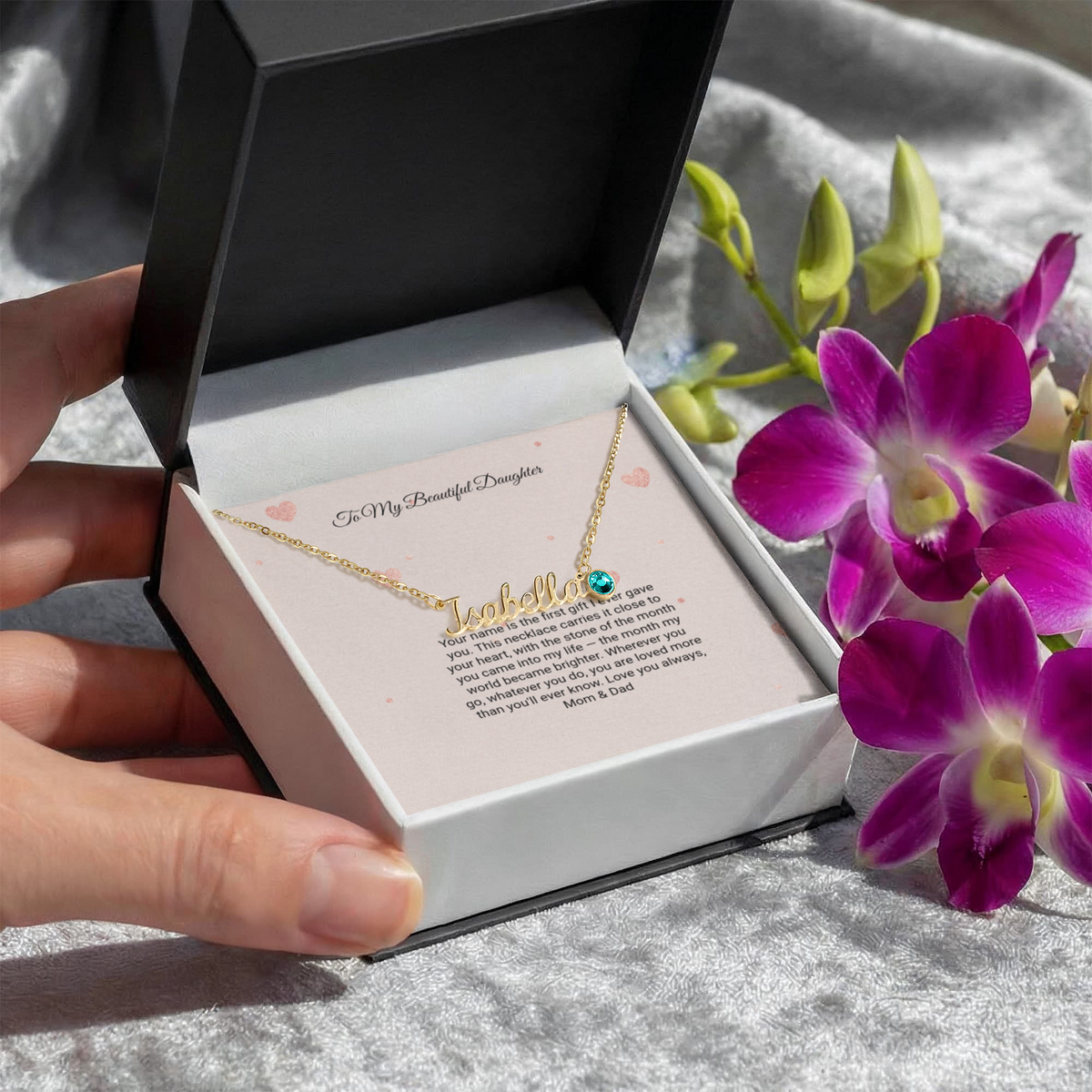 Name Necklace with Birthstone by Andov Gifts • Custom Cursive Name & Birth Month Stone • Christmas Gift for Daughter
