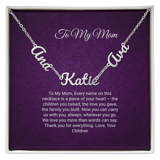 To My Mom Multiple Name Necklace – Personalized 2 or 3 Name Charms in Cursive, Stainless Steel or 18K Gold Finish, Christmas Gift for Mom & Grandma