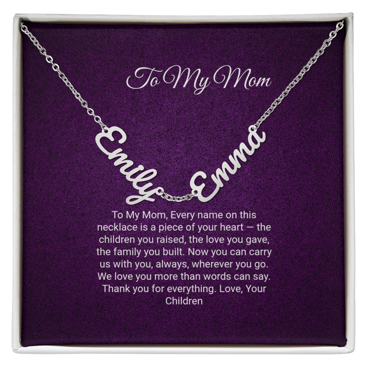 To My Mom Multiple Name Necklace – Personalized 2 or 3 Name Charms in Cursive, Stainless Steel or 18K Gold Finish, Christmas Gift for Mom & Grandma