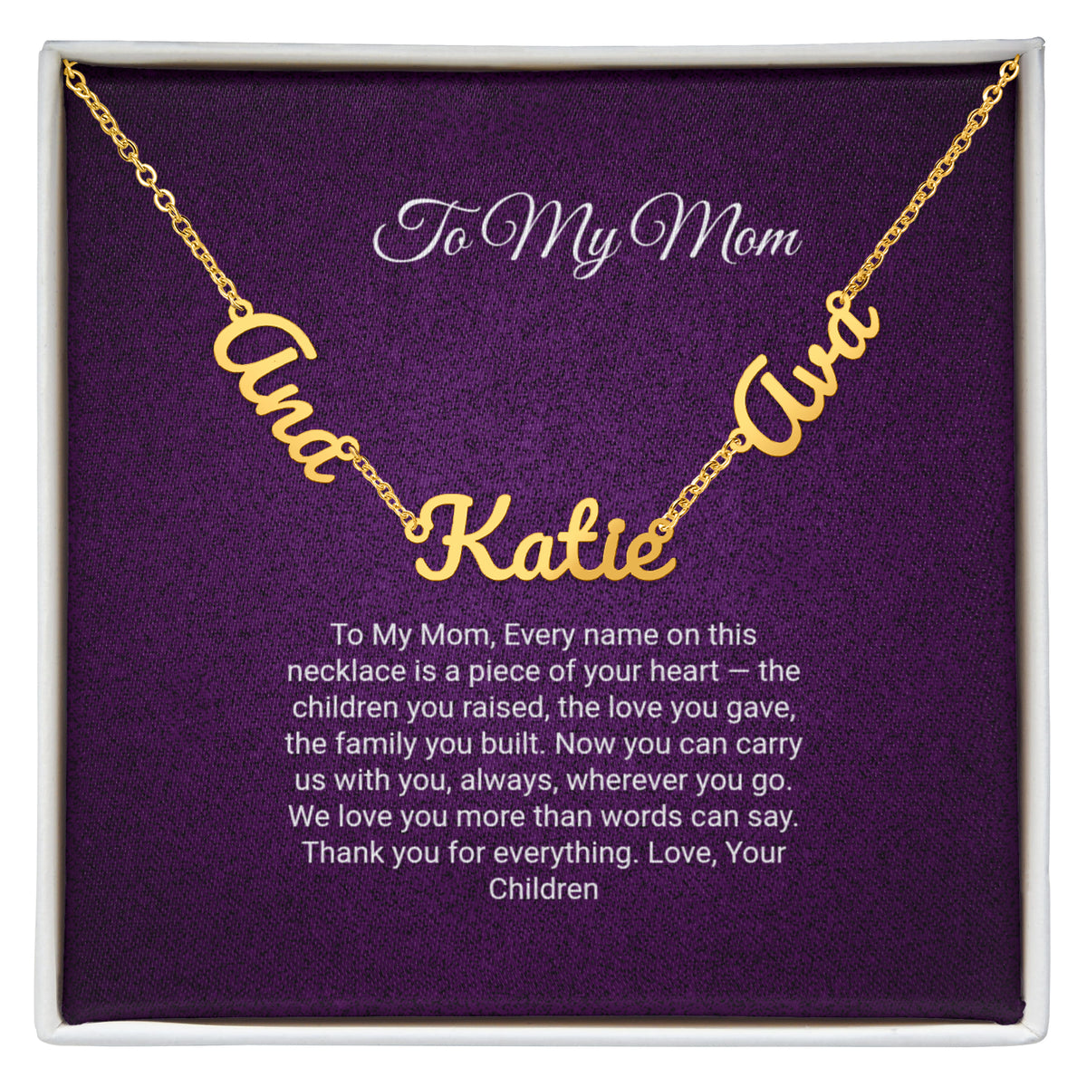 To My Mom Multiple Name Necklace – Personalized 2 or 3 Name Charms in Cursive, Stainless Steel or 18K Gold Finish, Christmas Gift for Mom & Grandma