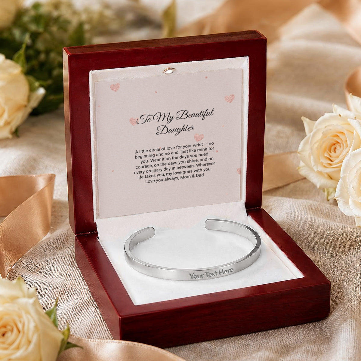 Engraved Cuff Bracelet by Andov Gifts • Personalized Message Bracelet • Christmas Gift for Daughter