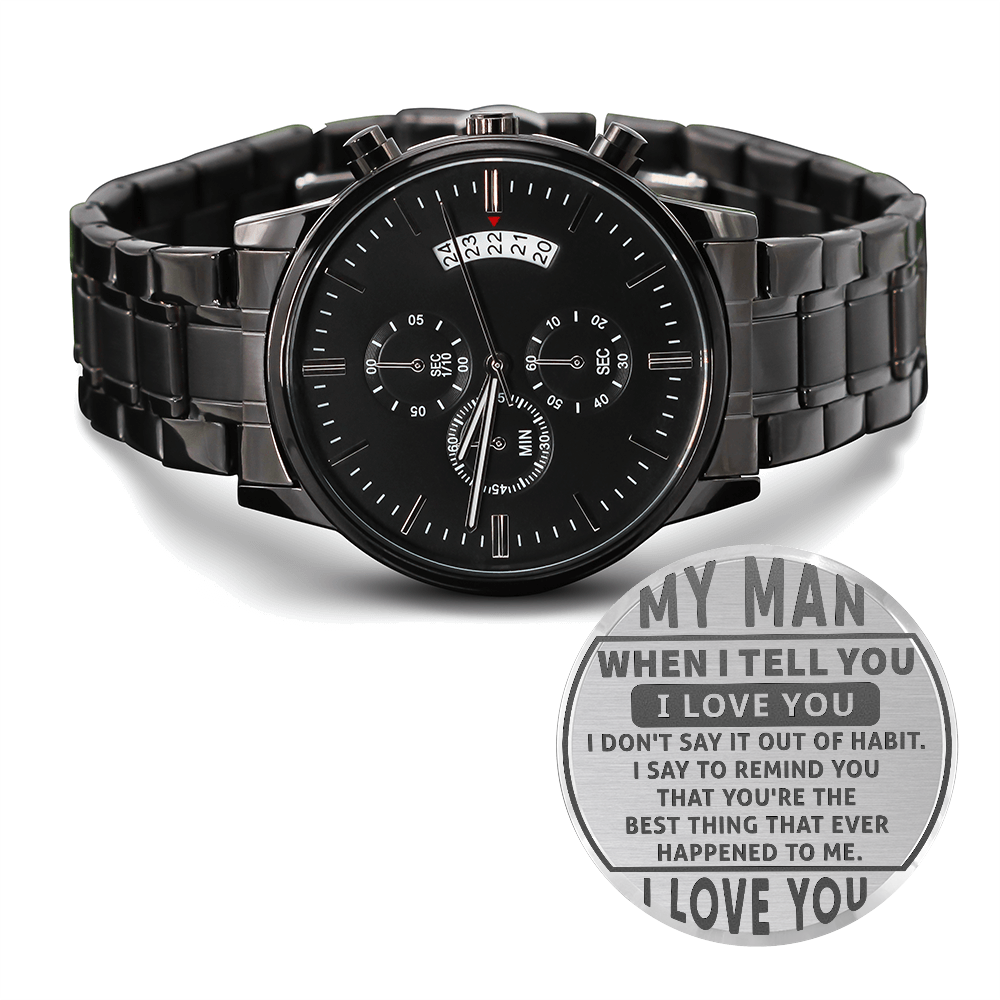 Luxury Black Chronograph Watch with Heartfelt Love Message