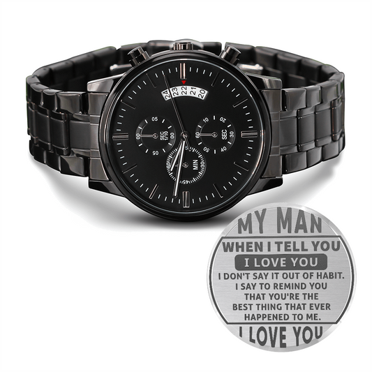 Luxury Black Chronograph Watch with Heartfelt Love Message
