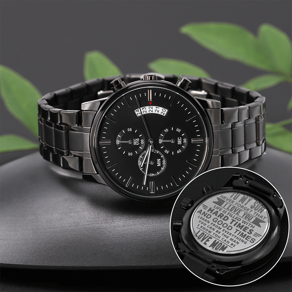 To My Son – Engraved Black Chronograph Watch | Meaningful Gift from Mom