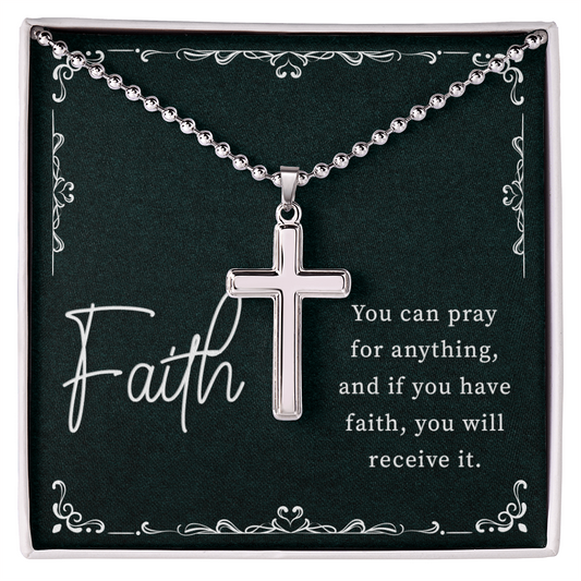 Men’s cross necklace gift for husband or boyfriend with faith-inspired message card.