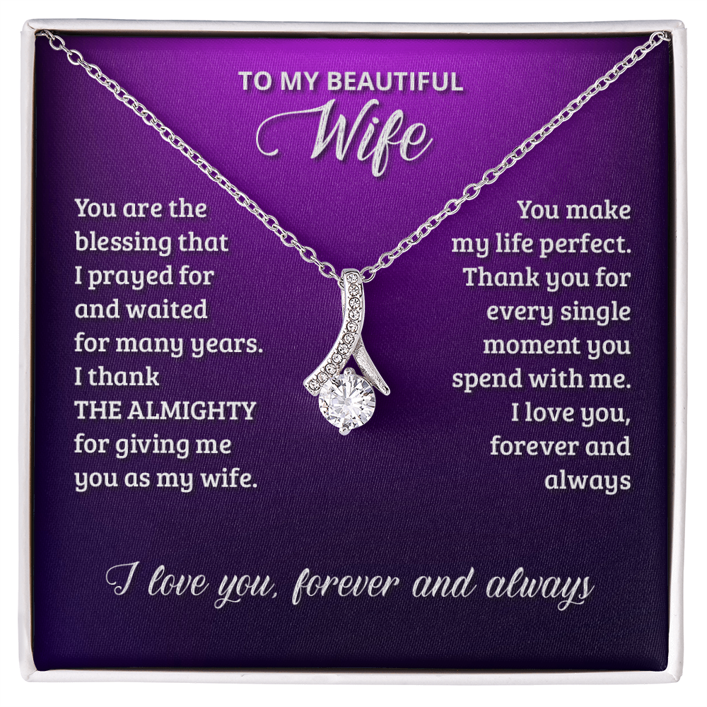 Alluring Beauty necklace for wife with a message card that reads "You are the blessing that I prayed for" inside a gift box