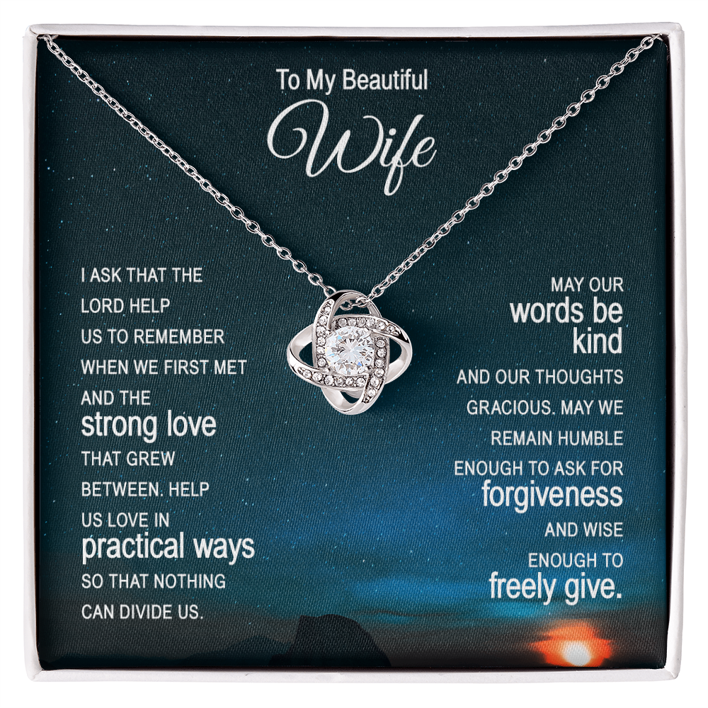 Love Knot necklace with a Christian prayer message card for a wife, set against a starry sky background