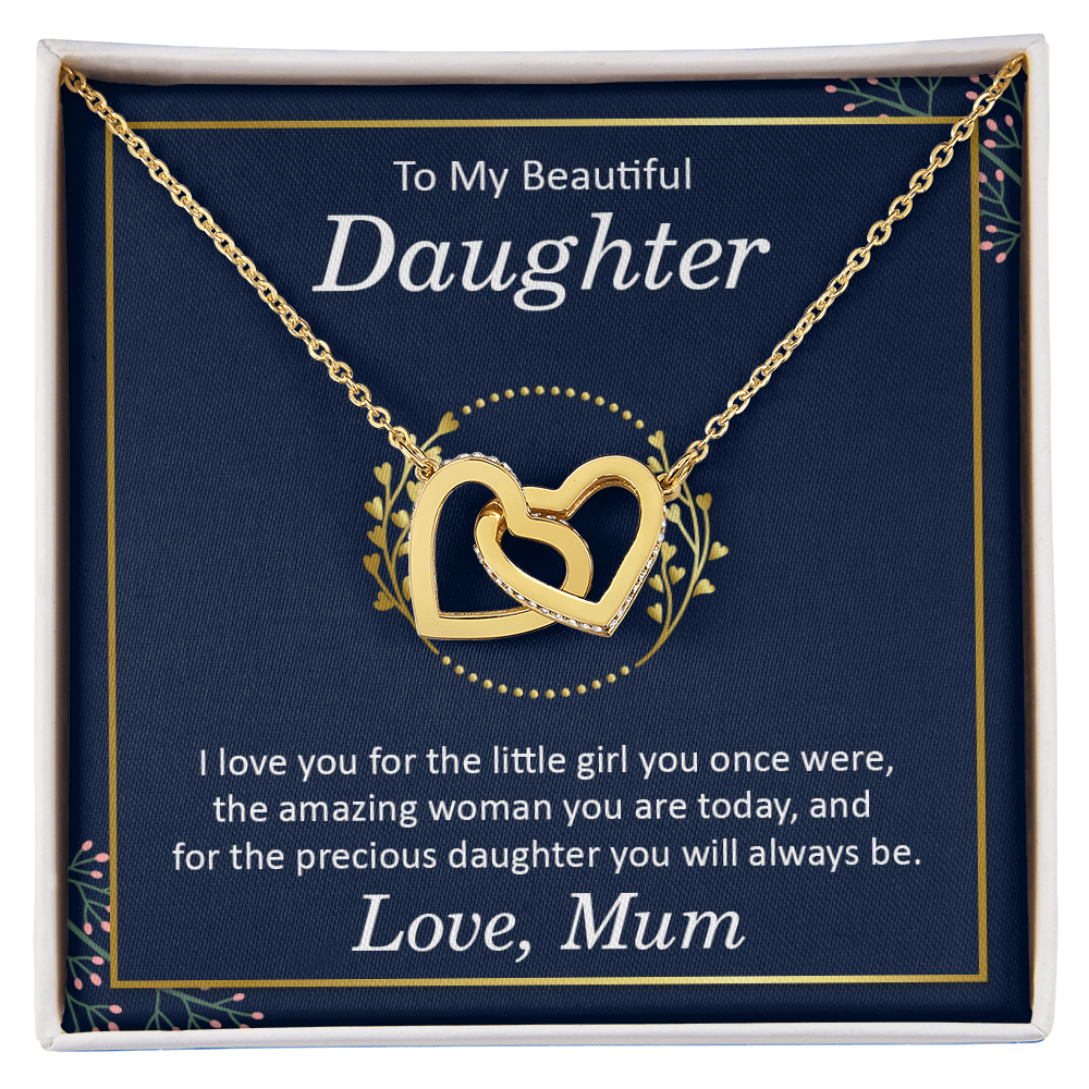 Interlocking hearts necklace gift for daughter from mom with love message card.