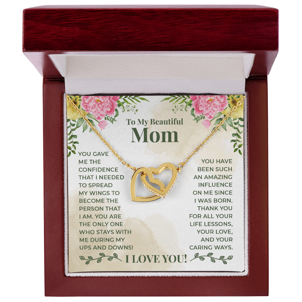 Gold interlocking hearts necklace gift for mom with loving message card.
