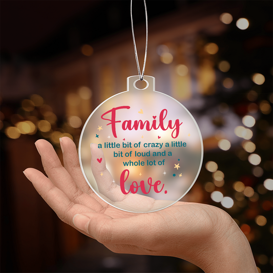 Clear acrylic family ornament with the quote 'a whole lot of love' sitting inside a gift box.