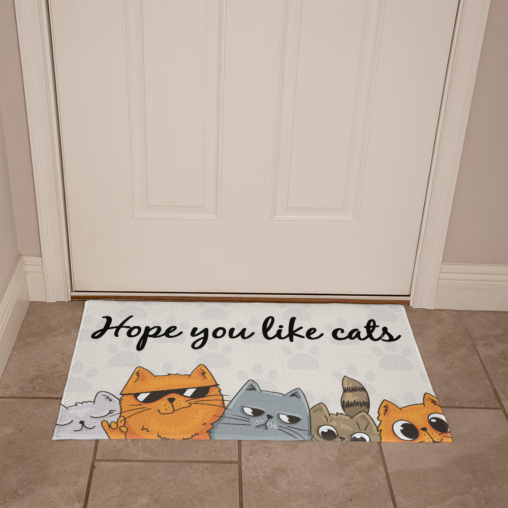 Funny Cat Welcome Mat – “Hope You Like Cats” Doormat