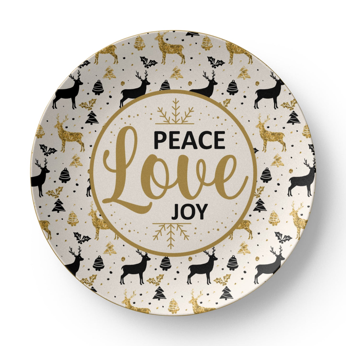 Peace Love Joy Christmas Plate – Elegant Holiday Décor with Gold Reindeer Design