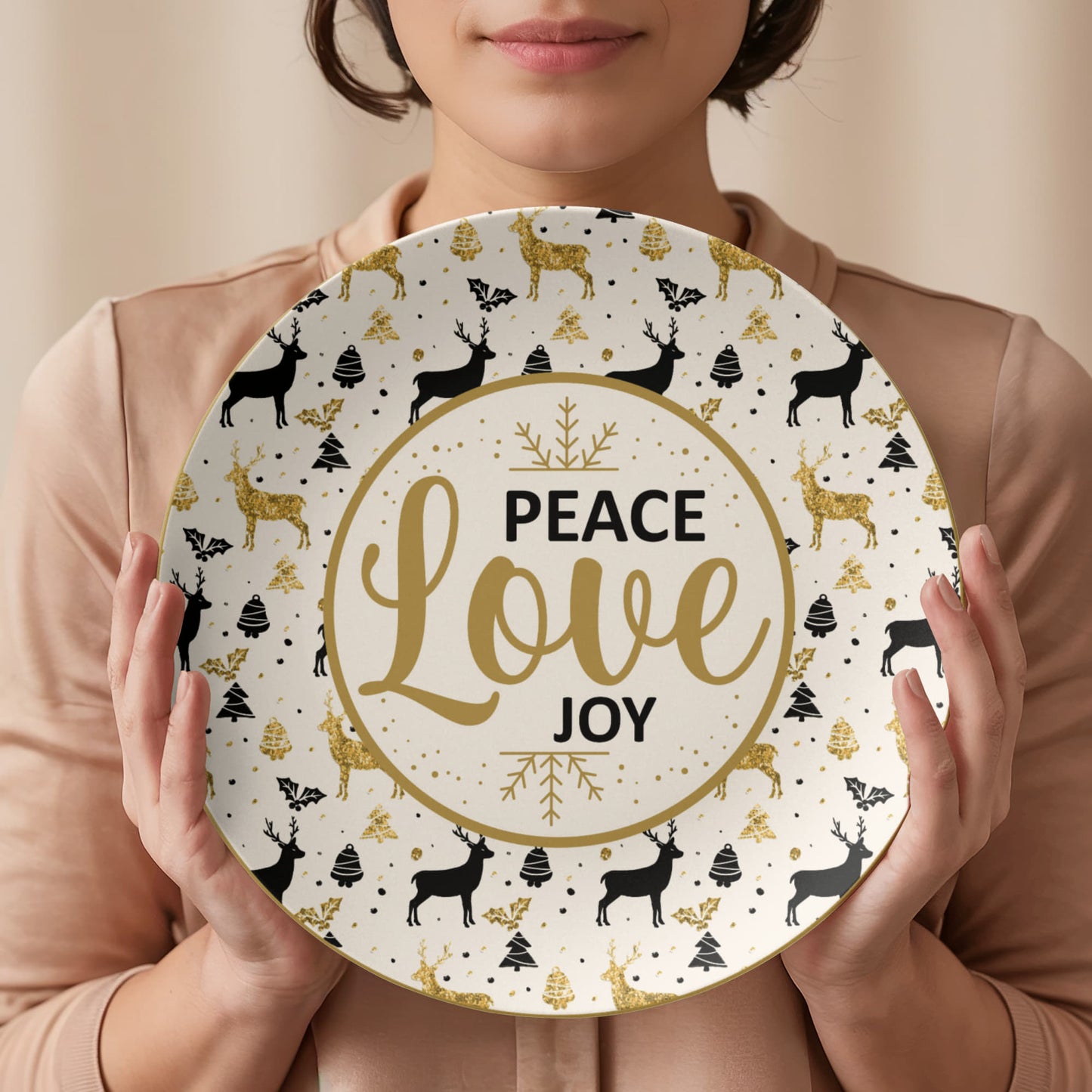 Peace Love Joy Christmas Plate – Elegant Holiday Décor with Gold Reindeer Design