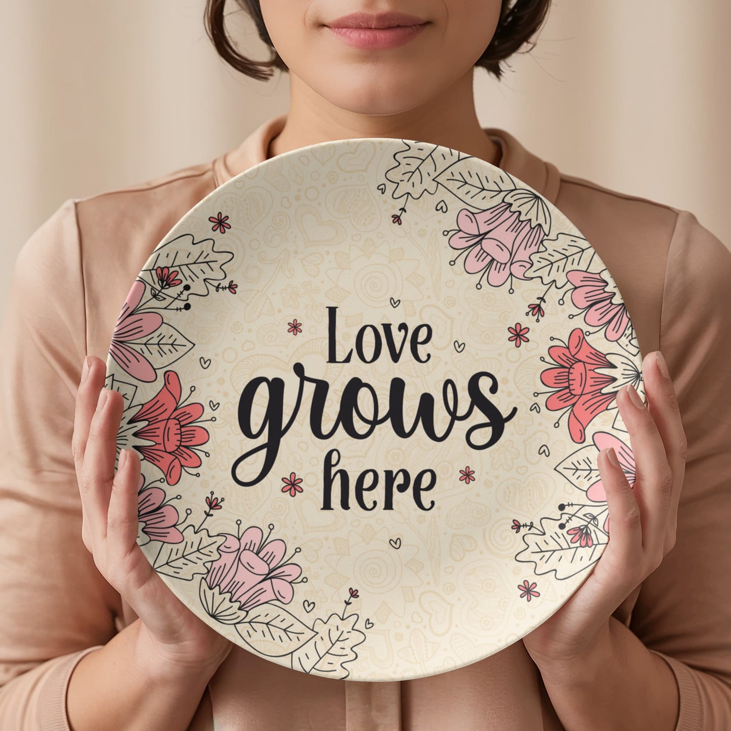 Love Grows Here Floral Plate – Heartwarming Home Décor Gift