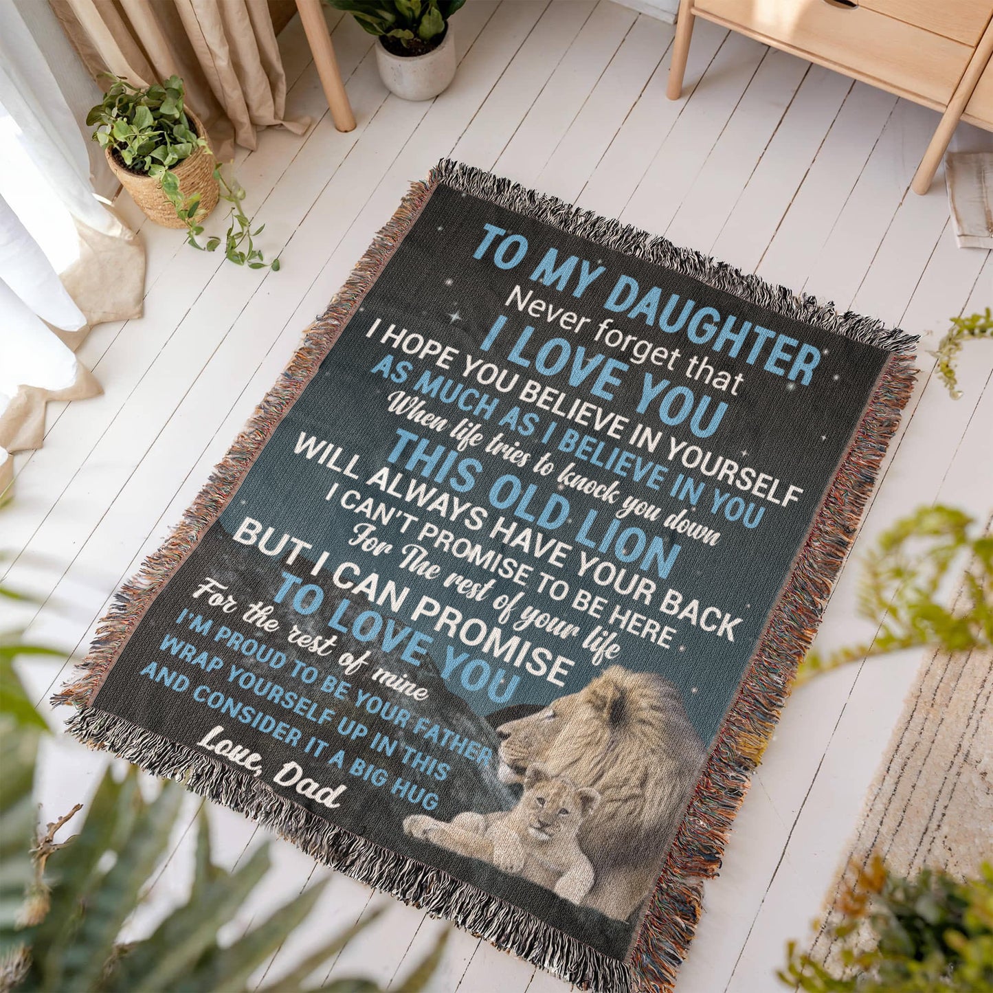 To My Daughter Blanket from Dad – Lion Design, Meaningful Gift for Daughter, Emotional Father’s Love Woven Throw
