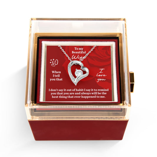 Heart Necklace in Rotating Rose Box for Wife with Message Card & Luxury Gift Box