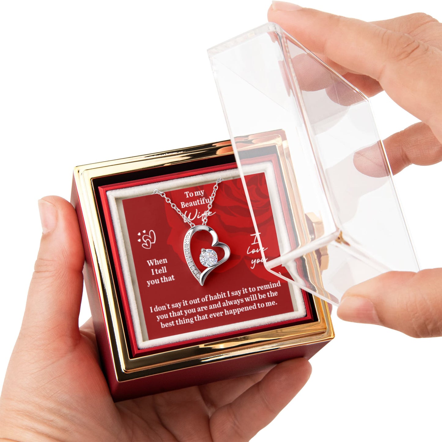 To My Beautiful Wife Necklace – Forever Love Heart Pendant in Rotating Rose Jewelry Box