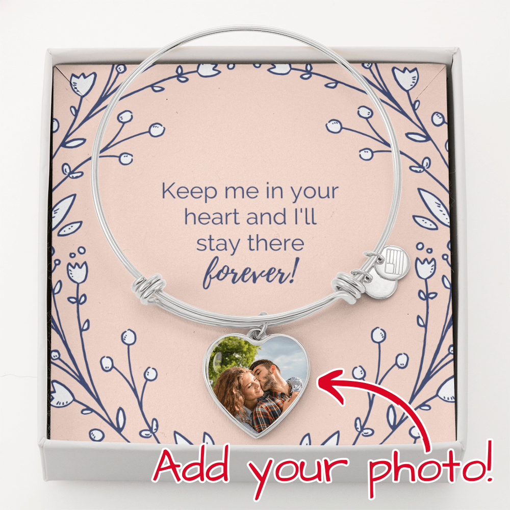 Custom photo heart bracelet on ‘Keep me in your heart and I’ll stay there forever’ message card, Valentine’s Day gift for her.