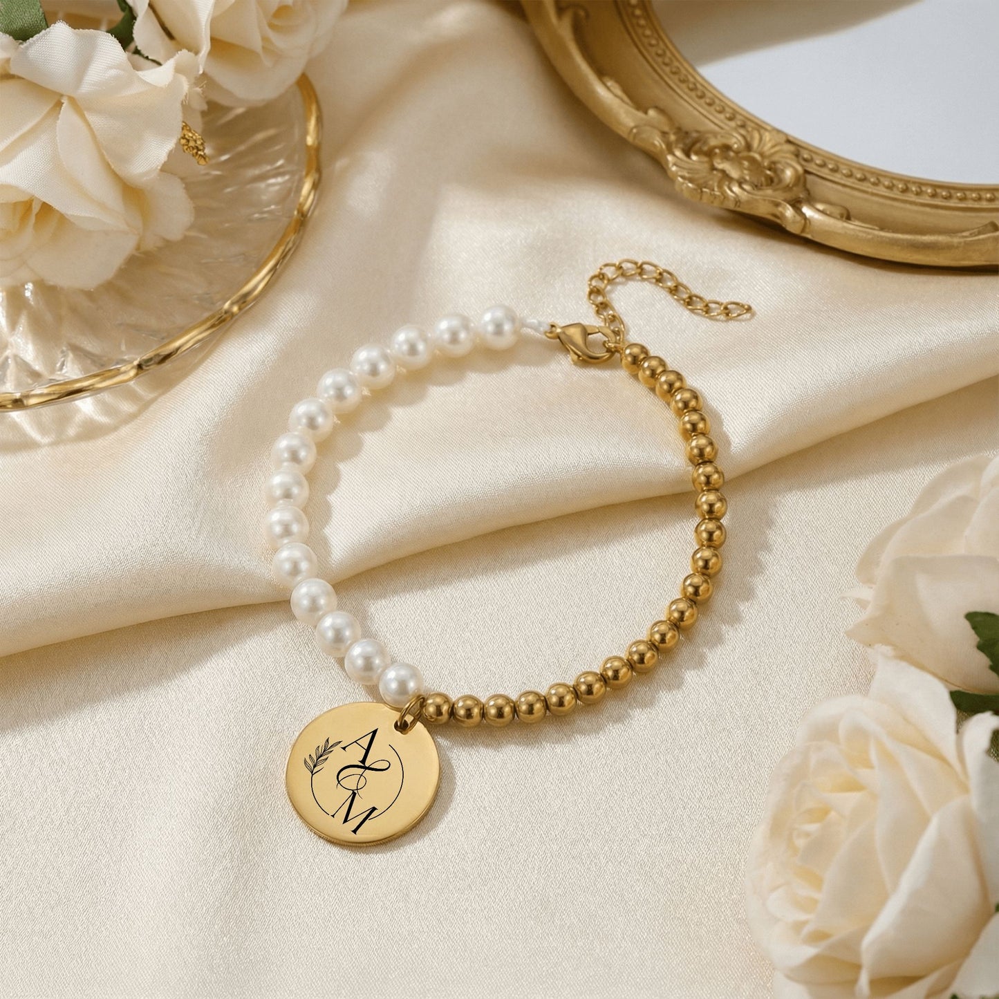 Personalized Pearl & Gold Initial Bracelet – Romantic Valentine’s Day Gift for Her